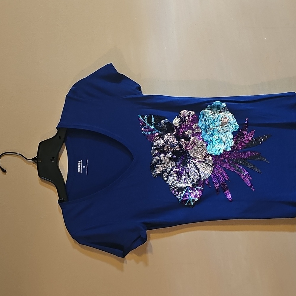 Express Blue Sequin Floral Top
